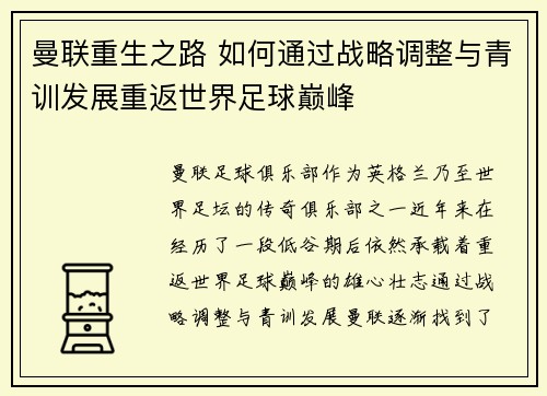 曼联重生之路 如何通过战略调整与青训发展重返世界足球巅峰