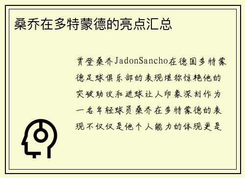 桑乔在多特蒙德的亮点汇总 桑乔在多特蒙德的亮点汇总