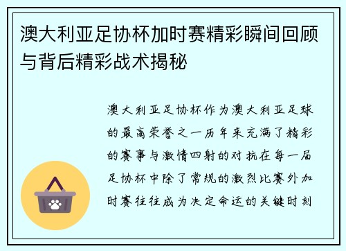 澳大利亚足协杯加时赛精彩瞬间回顾与背后精彩战术揭秘