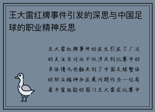 王大雷红牌事件引发的深思与中国足球的职业精神反思